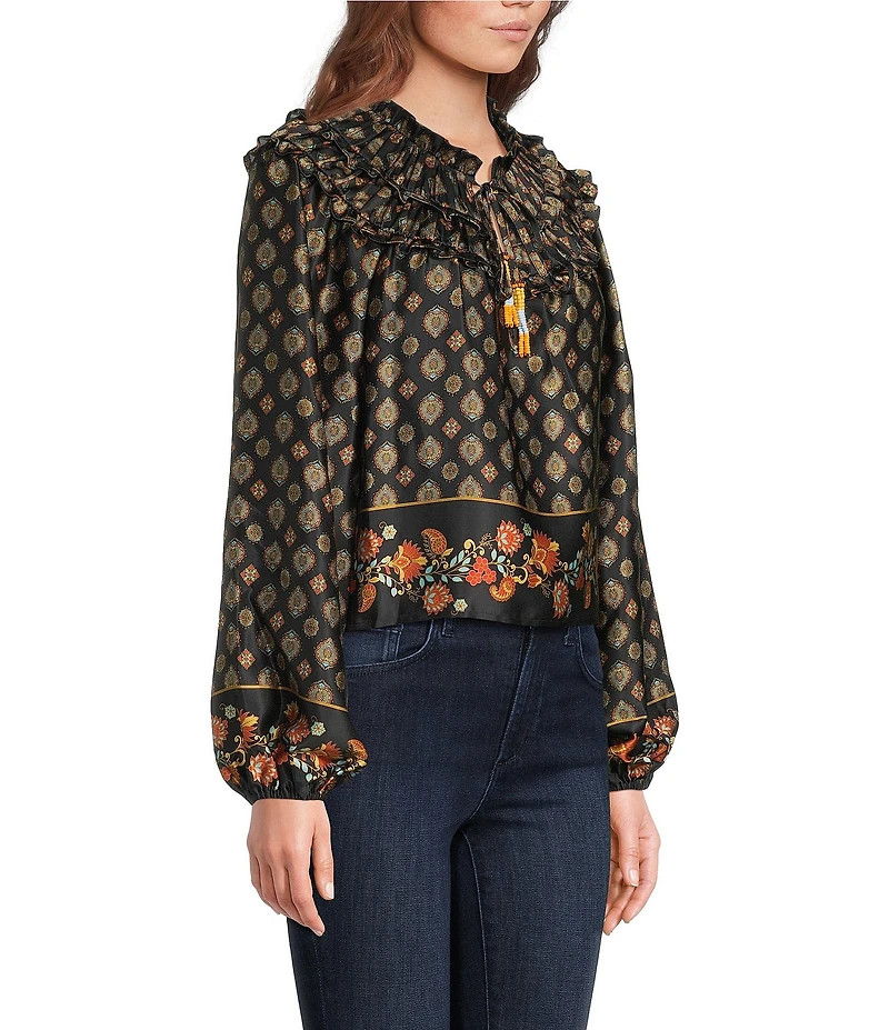 Chelsea & Violet Hazel Paisley Printed Chiffon Crew Neckline Long Sleeve Blouse