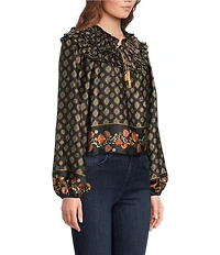 Chelsea & Violet Hazel Paisley Printed Chiffon Crew Neckline Long Sleeve Blouse