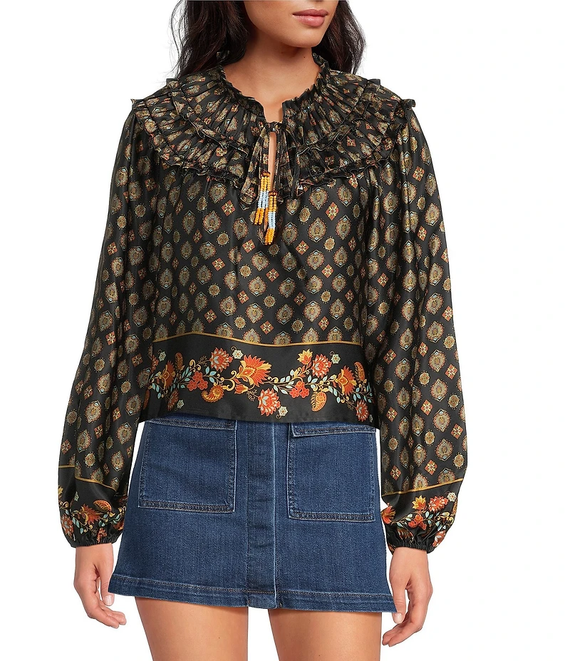 Chelsea & Violet Hazel Paisley Printed Chiffon Crew Neckline Long Sleeve Blouse