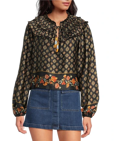 Chelsea & Violet Hazel Paisley Printed Chiffon Crew Neckline Long Sleeve Blouse