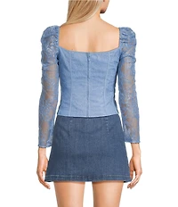 Chelsea & Violet Laura Woven Lace Sweetheart Neck Tie Front Long Sleeve Fitted Blouse