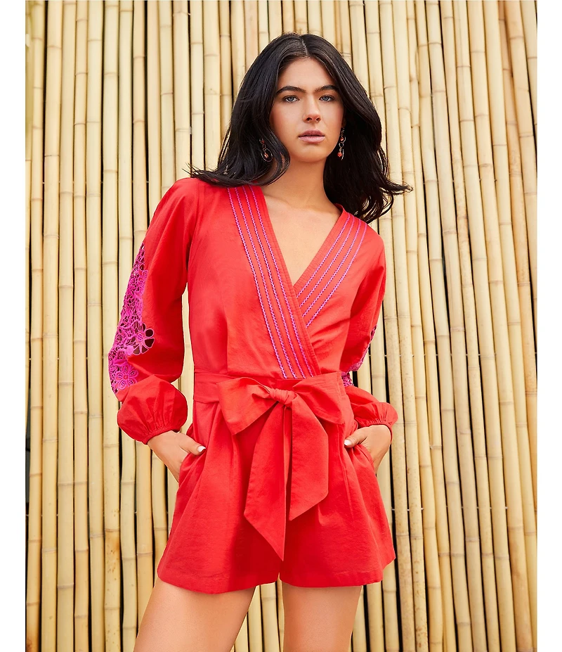 Chelsea & Violet Livvy V-Neckline Long Sleeve Crochet Detail Romper