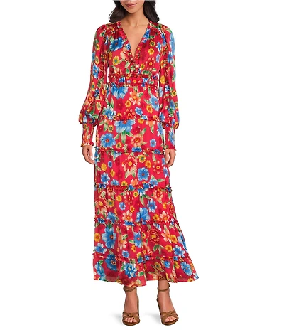Chelsea & Violet Margaux Floral Print Plisse V-Neck Long Cuff Sleeve Maxi Dress