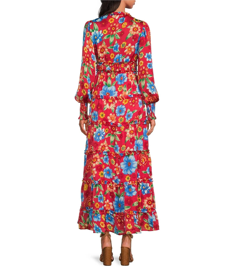 Chelsea & Violet Margaux Floral Print Plisse V-Neck Long Cuff Sleeve Maxi Dress