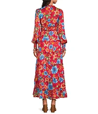Chelsea & Violet Margaux Floral Print Plisse V-Neck Long Cuff Sleeve Maxi Dress