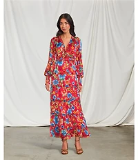 Chelsea & Violet Margaux Floral Print Plisse V-Neck Long Cuff Sleeve Maxi Dress