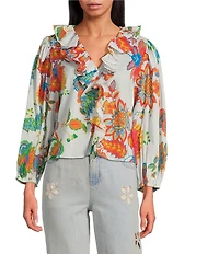 Chelsea & Violet Mari Floral Print Ruffle V-Neck Long Cuff Sleeve Blouse