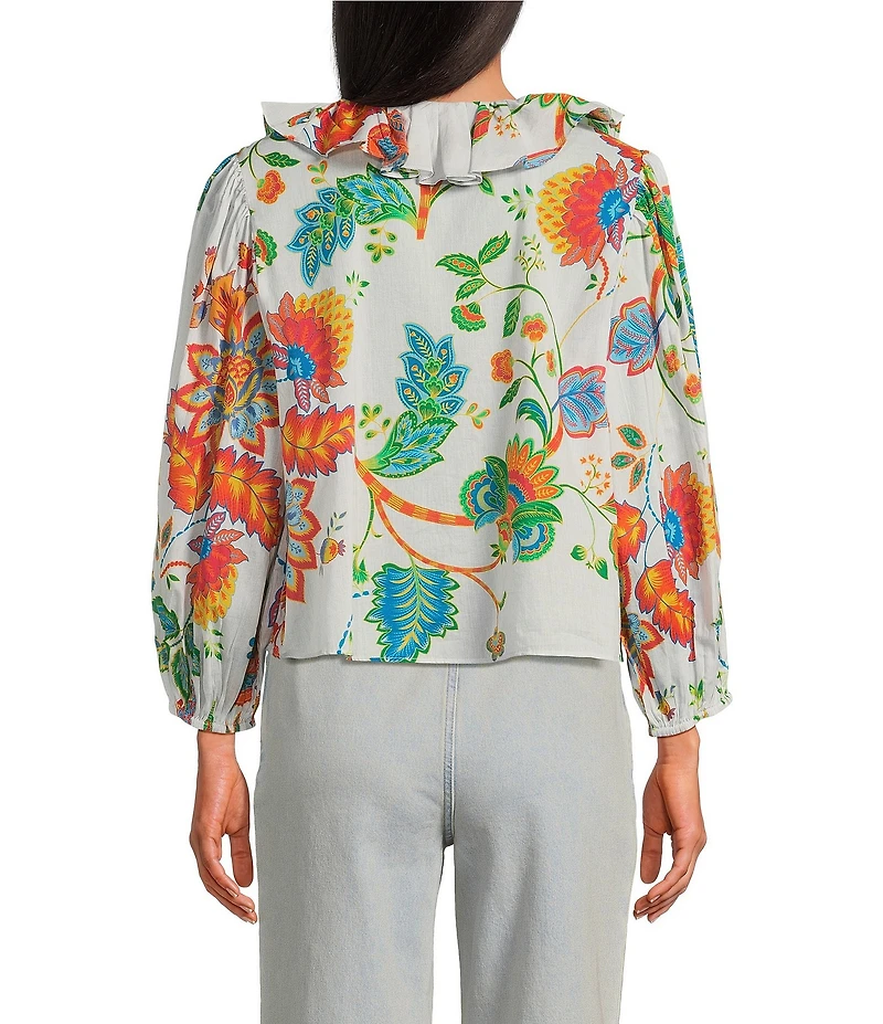 Chelsea & Violet Mari Floral Print Ruffle V-Neck Long Cuff Sleeve Blouse