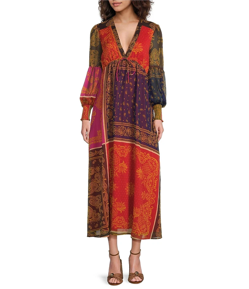 Chelsea & Violet Mila Bandana V-Neckline Half Sleeve Printed Chiffon Maxi Dress