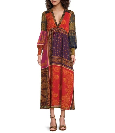 Chelsea & Violet Mila Bandana V-Neckline Half Sleeve Printed Chiffon Maxi Dress