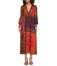 Chelsea & Violet Mila Bandana V-Neckline Half Sleeve Printed Chiffon Maxi Dress
