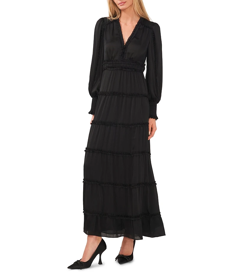 Chelsea & Violet Plisse Satin Ruffle Deep V-Neck Long Smocked Cuff Sleeve Tiered Maxi Dress