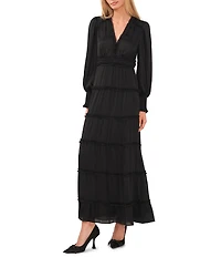 Chelsea & Violet Plisse Satin Ruffle Deep V-Neck Long Smocked Cuff Sleeve Tiered Maxi Dress