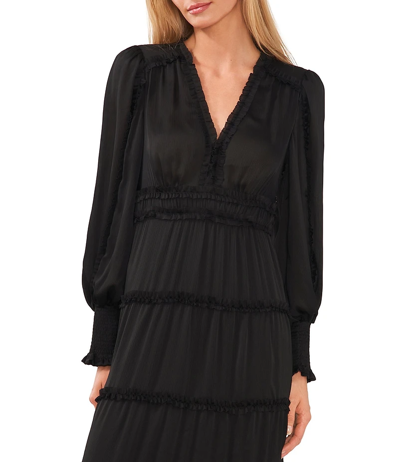 Chelsea & Violet Plisse Satin Ruffle Deep V-Neck Long Smocked Cuff Sleeve Tiered Maxi Dress