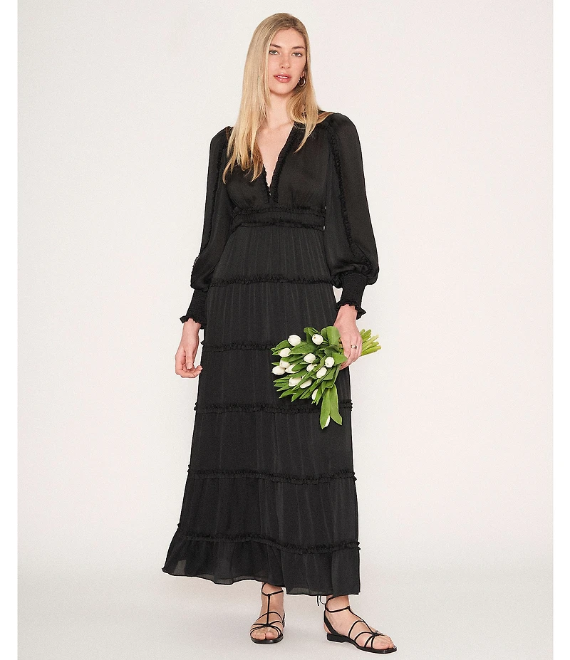 Chelsea & Violet Plisse Satin Ruffle Deep V-Neck Long Smocked Cuff Sleeve Tiered Maxi Dress