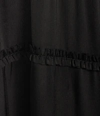 Chelsea & Violet Plisse Satin Ruffle Deep V-Neck Long Smocked Cuff Sleeve Tiered Maxi Dress