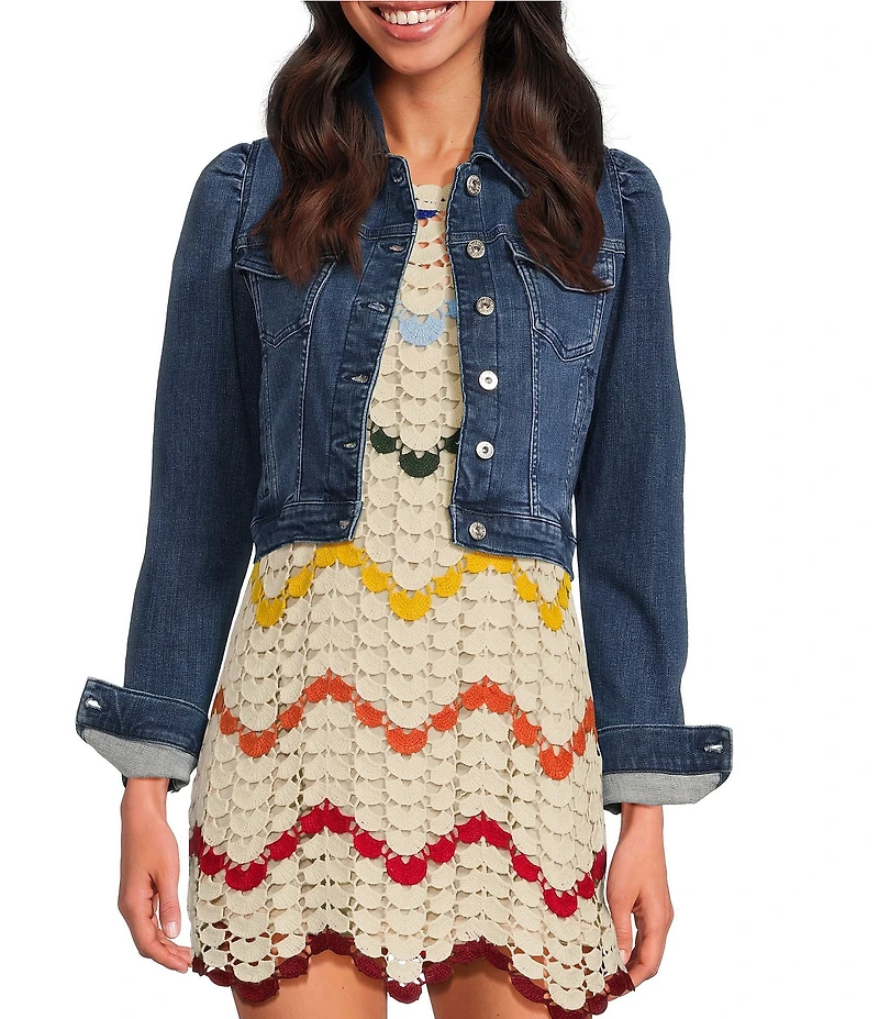 Chelsea & Violet Point Collar Long Puff Shoulder Sleeve Denim Short Statement Jacket