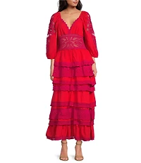 Chelsea & Violet Sierra Crochet V-Neck 3/4 Sleeve Tiered Maxi Dress