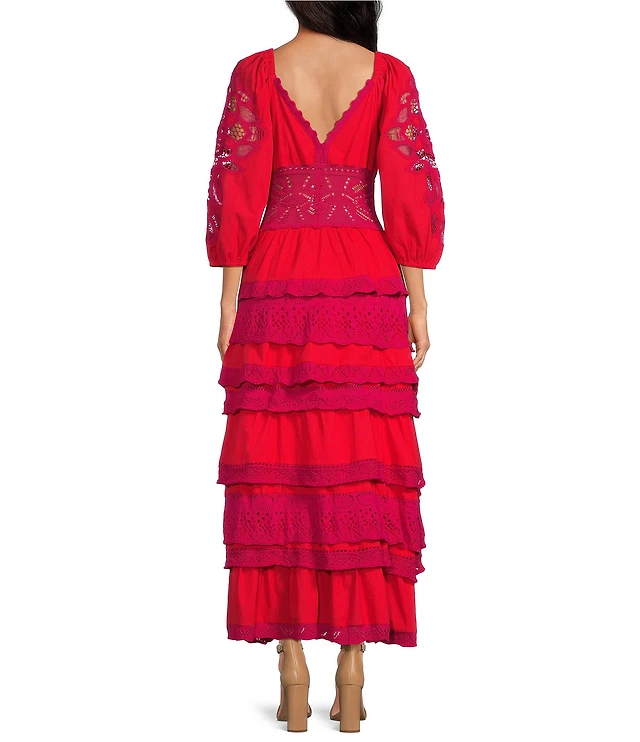 Chelsea & Violet Sierra Crochet V-Neck 3/4 Sleeve Tiered Maxi Dress |  Liberty Center
