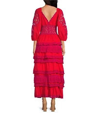 Chelsea & Violet Sierra Crochet V-Neck 3/4 Sleeve Tiered Maxi Dress