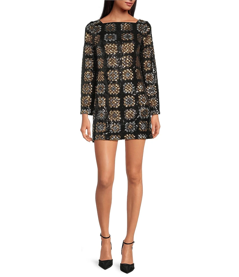 Chelsea & Violet Twiggy Straight Neck Long Sleeve Check Sequin Mini Dress