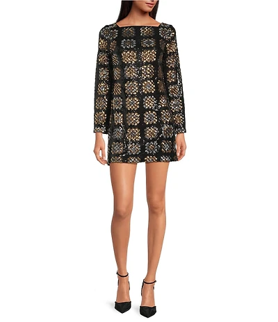 Chelsea & Violet Twiggy Straight Neck Long Sleeve Check Sequin Mini Dress