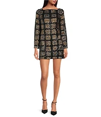 Chelsea & Violet Twiggy Straight Neck Long Sleeve Check Sequin Mini Dress