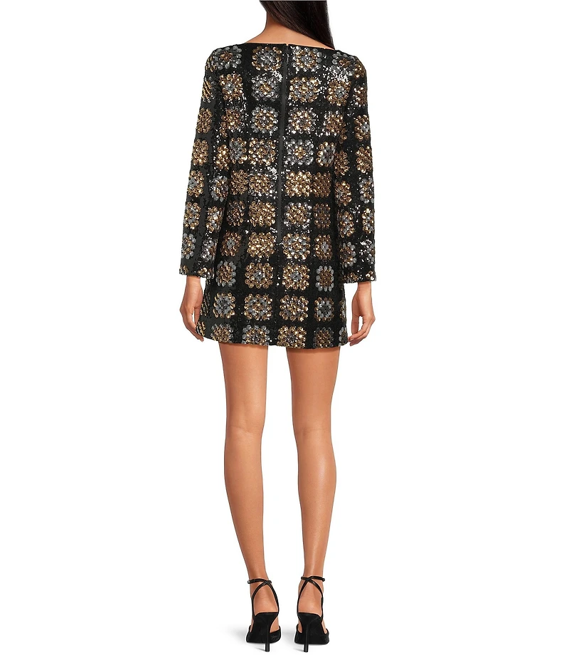 Chelsea & Violet Twiggy Straight Neck Long Sleeve Check Sequin Mini Dress
