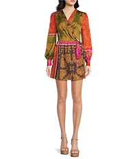 Chelsea & Violet Vanessa Bandana V Neckline Bracelet Length Sleeve Printed Satin Dress