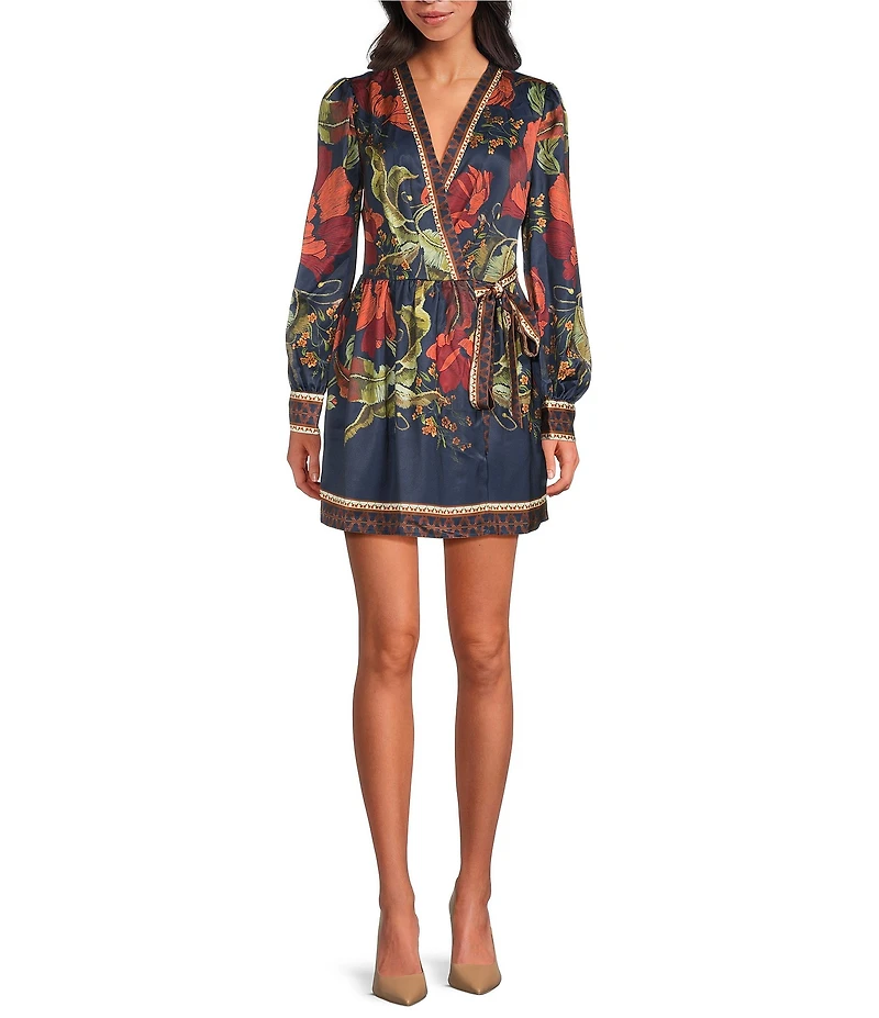 Chelsea & Violet Vanessa Navy Floral Printed V Neckline Bracelet Length Sleeve Satin Dress