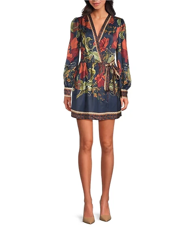 Chelsea & Violet Vanessa Navy Floral Printed V Neckline Bracelet Length Sleeve Satin Dress