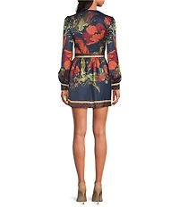 Chelsea & Violet Vanessa Navy Floral Printed V Neckline Bracelet Length Sleeve Satin Dress