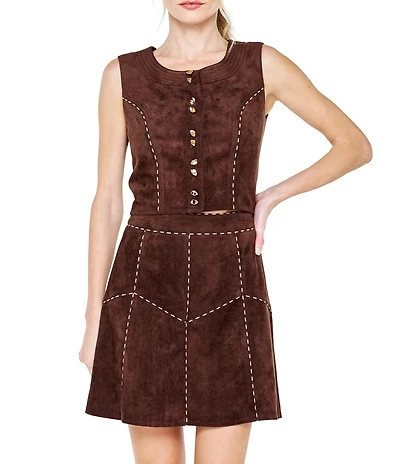 CIEBON Akia Faux Suede Piping Trim Jewel Neck Sleeveless Button Front Coordinating Crop Top