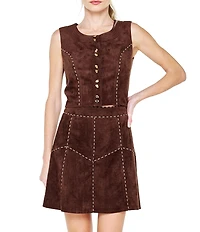 CIEBON Akia Faux Suede Piping Trim Jewel Neck Sleeveless Button Front Coordinating Crop Top