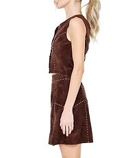 CIEBON Akia Faux Suede Piping Trim Jewel Neck Sleeveless Button Front Coordinating Crop Top