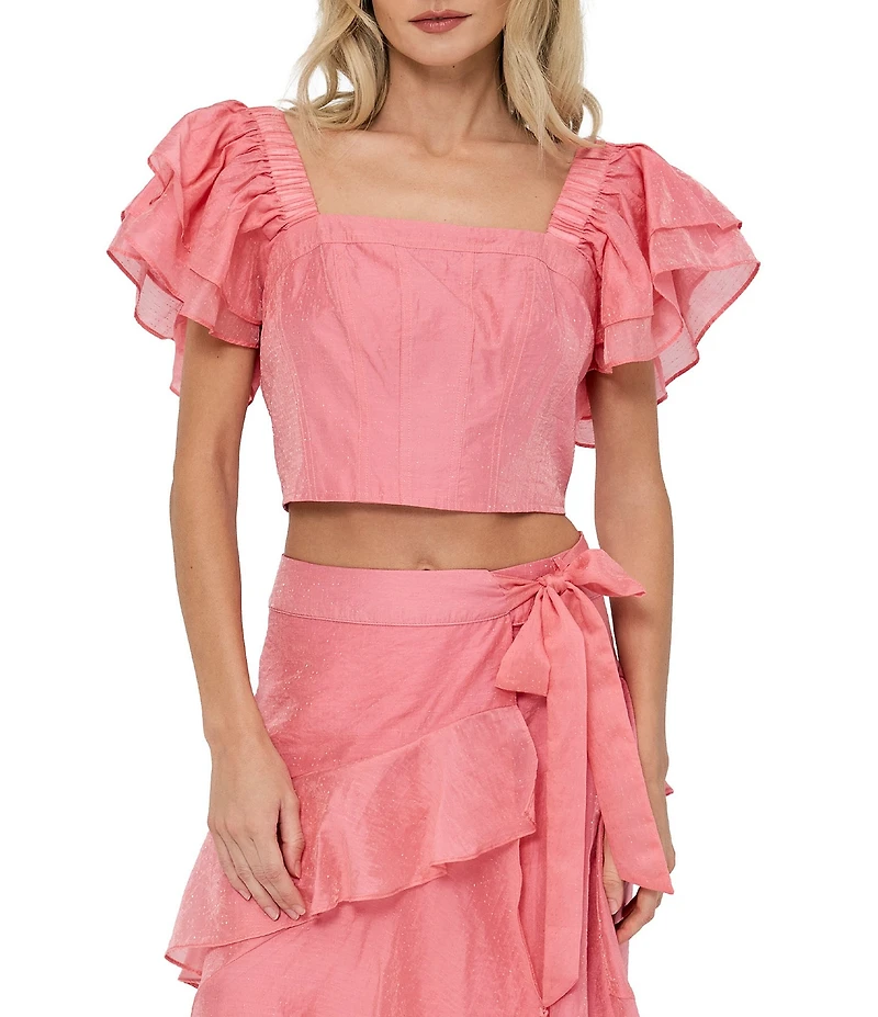 CIEBON Amie Square Neck Ruffle Sleeve Coordinating Dobby Crop Top