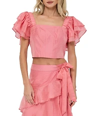 CIEBON Amie Square Neck Ruffle Sleeve Coordinating Dobby Crop Top