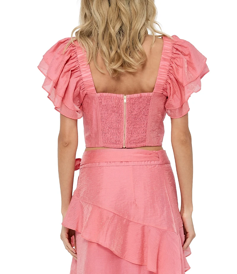 CIEBON Amie Square Neck Ruffle Sleeve Coordinating Dobby Crop Top