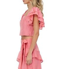 CIEBON Amie Square Neck Ruffle Sleeve Coordinating Dobby Crop Top