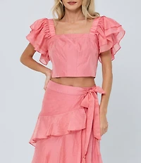 CIEBON Amie Square Neck Ruffle Sleeve Coordinating Dobby Crop Top
