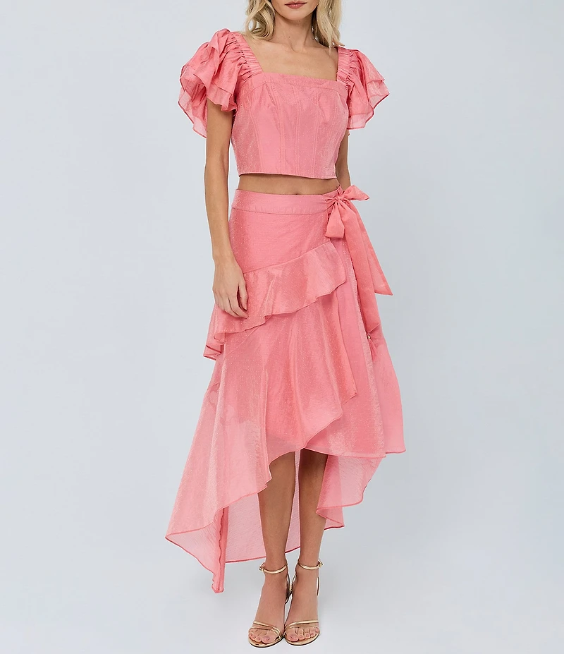 CIEBON Amie Square Neck Ruffle Sleeve Coordinating Dobby Crop Top