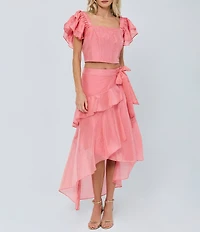CIEBON Amie Square Neck Ruffle Sleeve Coordinating Dobby Crop Top