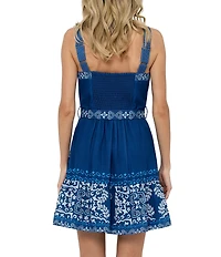 CIEBON Anise Printed Square Neck Sleeveless Belted A-Line Crepe Mini Dress