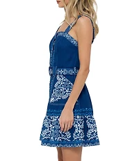 CIEBON Anise Printed Square Neck Sleeveless Belted A-Line Crepe Mini Dress