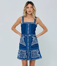 CIEBON Anise Printed Square Neck Sleeveless Belted A-Line Crepe Mini Dress