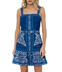 CIEBON Anise Printed Square Neck Sleeveless Belted A-Line Crepe Mini Dress