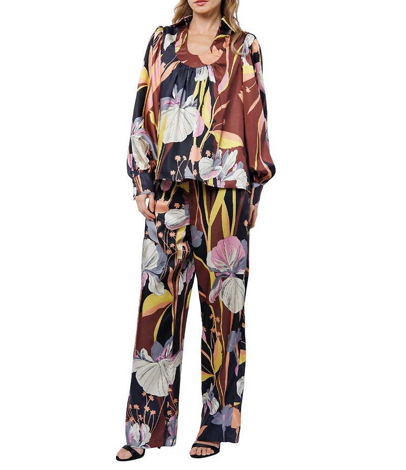 CIEBON Anthea Floral Print Satin High Rise Wide Leg Coordinating Pants