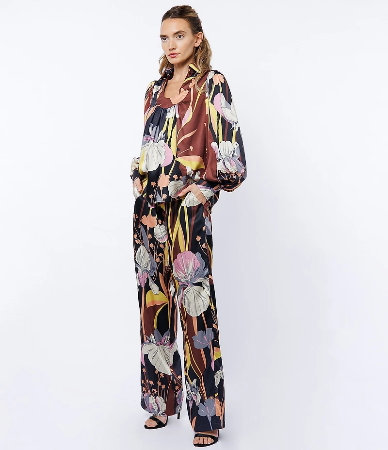 CIEBON Anthea Floral Print Satin High Rise Wide Leg Coordinating Pants