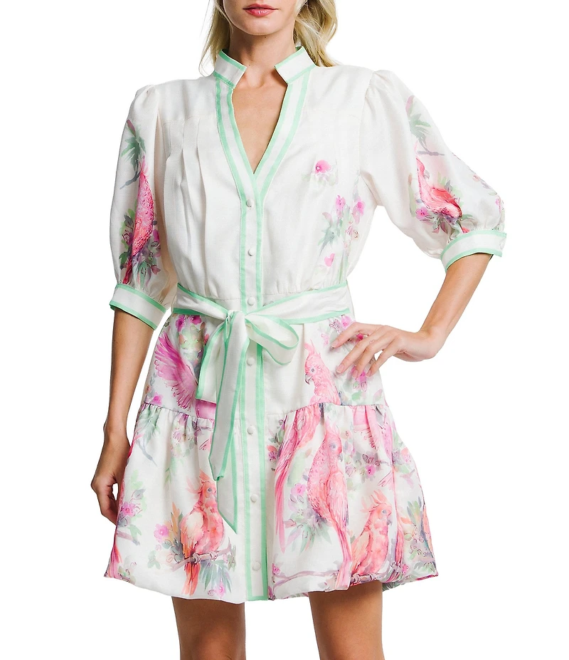 CIEBON Ashton Bird Print Collared V-Neck Short Sleeve A-Line Mini Dress