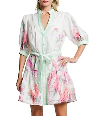 CIEBON Ashton Bird Print Collared V-Neck Short Sleeve A-Line Mini Dress